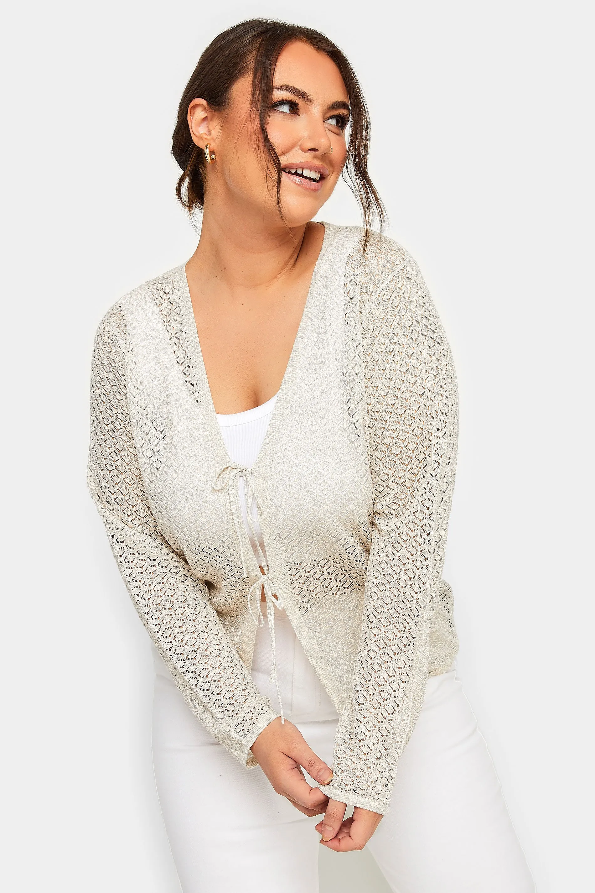 YOURS Curve Cream Metallic Tie Knot Front Cardigan